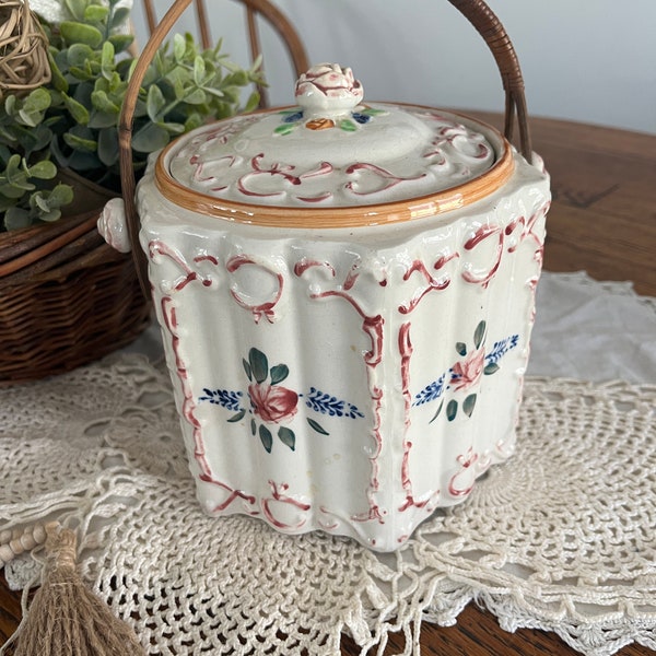 Antique lidded biscuit jar - ceramic cracker canister - made in Japan