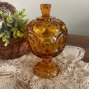 Vintage LE Smith Moon and Stars Amber lidded compote - lidded candy dish