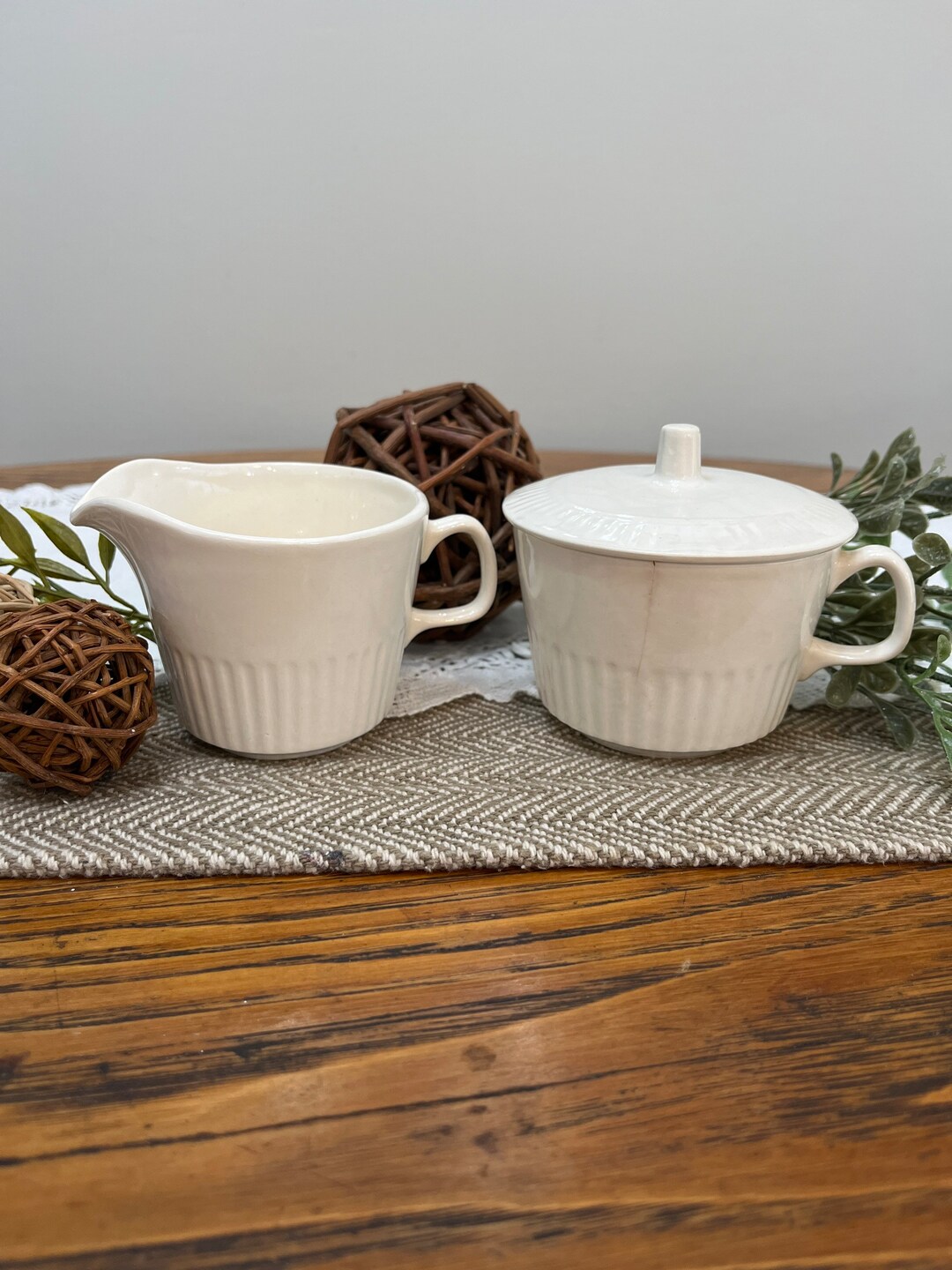 Antique Creamy White Sugar and Creamer Set Ironstone Creamer and Sugar