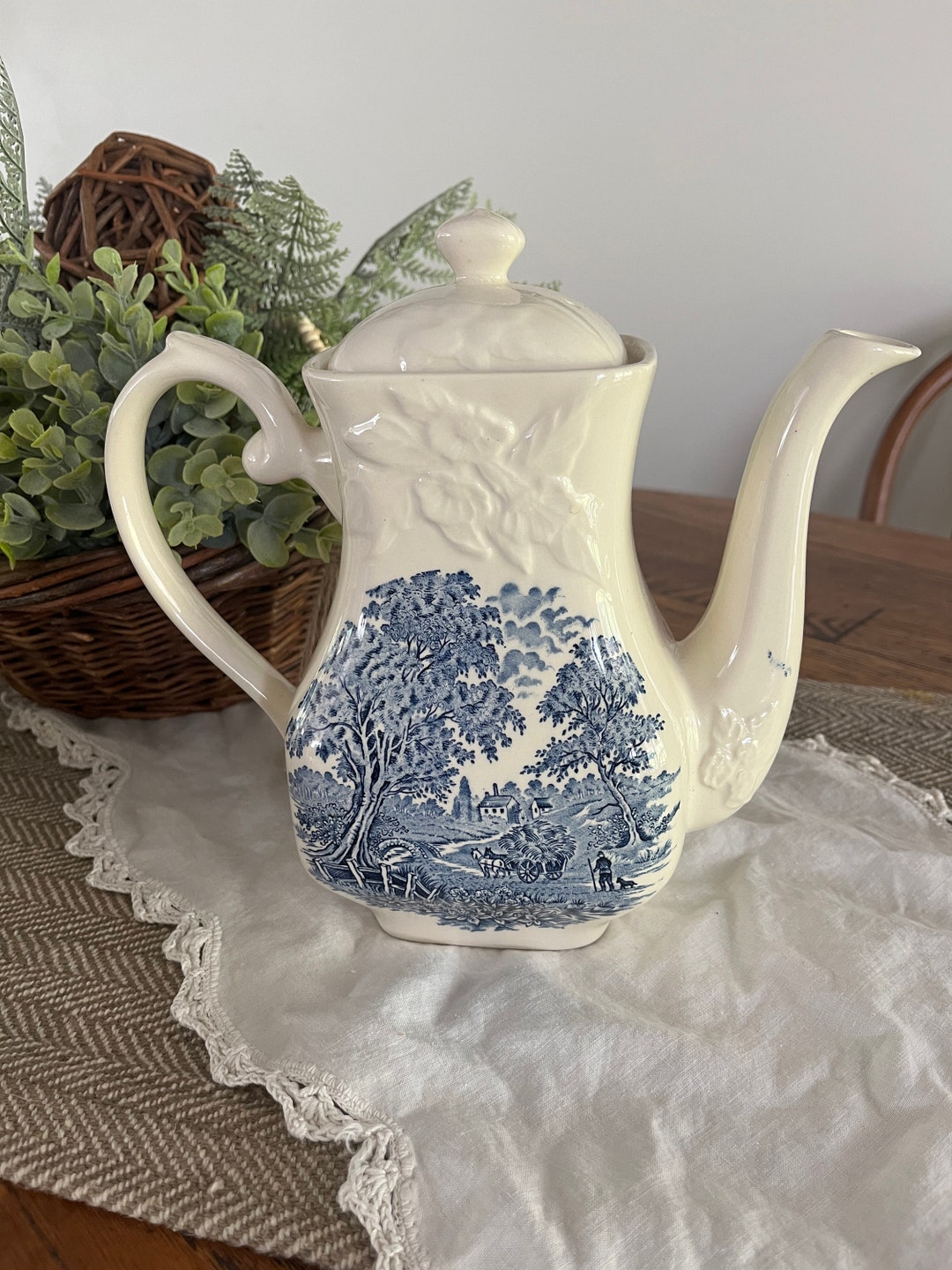 English Ironstone Teapot Blue and White Transferware Kettle Etsy