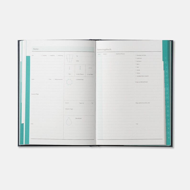 May include: An open, black, hardcover journal with a teal ribbon bookmark. The left page has the heading "Name" and includes sections for "Planting", "Watering", "Feeding", "Weeding", "Sun", "Time", "Notes", "Amount of Plant", "Growth", "Stage of Growth", "Height", "Moisture", and "Date". The right page has the heading "Garden Journal" and includes sections for "Date", "Notes on Plants", "Observations on Growth", "Harvest", "Weather", "Weekly Garden Design", "Things to Remember", "Shop and Order Seeds", and "Date".