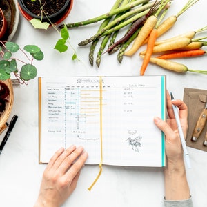 Pu&ograve; includere: Un diario di giardinaggio aperto con un segnalibro a nastro giallo. Il diario ha una pagina a griglia con testo scritto a mano e un'illustrazione di un'ape. Il diario &egrave; aperto su un tavolo bianco con una variet&agrave; di verdure e piante.