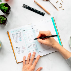Pu&ograve; includere: Una persona scrive in un diario blu chiaro e turchese con una penna nera. Il diario ha una sezione intitolata "Seed growing journey" e include un elenco di controllo per piantare i semi. Il diario &egrave; aperto a una pagina con note scritte a mano su una pianta chiamata "Want ek Mr C".