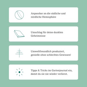 May include: Four illustrations with text descriptions. The first illustration is a globe with a dashed line. The text reads "Adjustable to the southern and northern hemisphere". The second illustration is a closed book. The text reads "Envelope for your dark secrets". The third illustration is a stylized tree. The text reads "Environmentally friendly produced, enjoy without a guilty conscience!". The fourth illustration is a compass with a dot in the center. The text reads "Tips & Tricks in the garden journal, so you never lose them again."