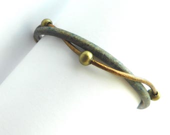 Leather Bracelet Artisan Made: Distressed Gray & Bronze, Custom Size, Celtic style