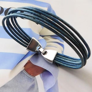 Delicate Blue Distressed Leather Bracelet: Bohemian Style, Custom Size