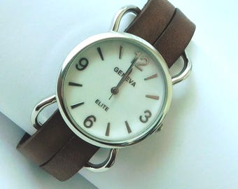 Leather watch for women; big face; custom size; removable band.