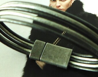 Gunmetal and silver leather bracelet,  custom size, magnetic clasp.