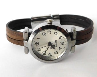 Women's Wristwatch: Custom Size Distressed Leather Band, Magnetic Closure
