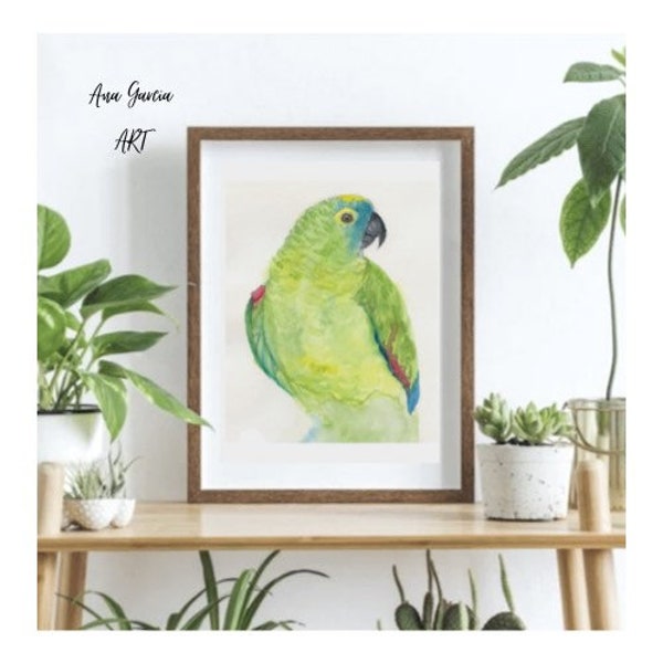 Peinture à l’aquarelle, art du perroquet, peinture au perroquet vert, peinture d’art d’oiseau, aquarelle d’impression de perroquet, impressions d’art animalier, art mural animal