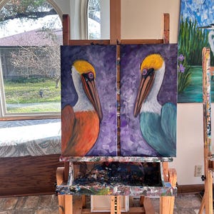 Pair of pelican original painting, Swamp painting, birds swamp art, pelican wall art , pelicans painting, Louisiana wildlife art, pelican ar