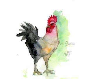 Acuarela de gallo de Ana García, Impresión artística de gallo, Pintura artística de gallo, Obra de arte de gallo, arte de pared de gallo, arte de regalo de gallo