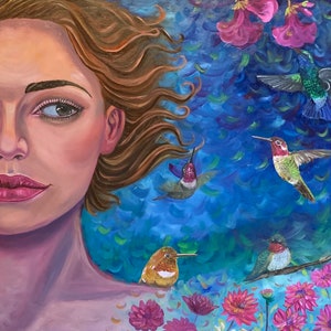Original Oil Painting “The Song of the Hummingbirds”, Original Art, Original Painting, Art 36x36 inches, Oil Painting