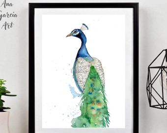 孔雀の水彩画プリント、エキゾチックな鳥の壁飾り - Etsy 日本