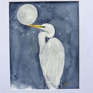 Egret  magical art, egret original art, egret original watercolor, egret at night art, egret painting, egret artwork, egret wall art, Ana Ga