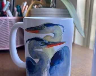 Taza de garza azul, para amantes de las garzas azules, taza de garza, arte de garza, ilustración de garza, taza de garza, taza de garza azul personalizada