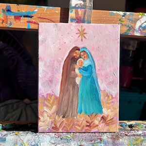 HOLY FAMILY hand painted, perfect christmas gift, religious image, beautiful icon, religious icon, nativity painting original, original art