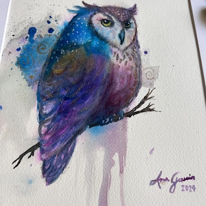 Owl bird original watercolor painting, owl  magic art bird Original art, owl Original Art, owl illustration watercolor painting, owl wall ar