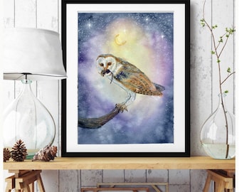 Owl watercolor, bird art, owl painting, owl illustration, owl art wall, owl artwork, owl gift, owl decor, owl