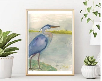 Blue Heron artwork, Blue Heron Art Print, Blue Heron painting, Blue Heron watercolor painting, bird painting, professional art prints.