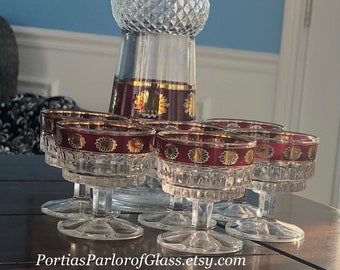 Burgundy & Gold Glass Decanter and Cordial Set (6)