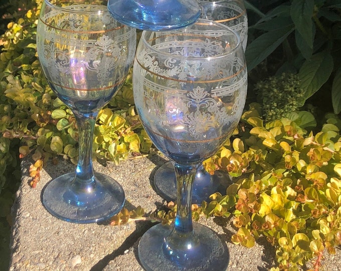 Four Vintage Blue Iridescent Wine Glasses With Gold & White Scrollwork