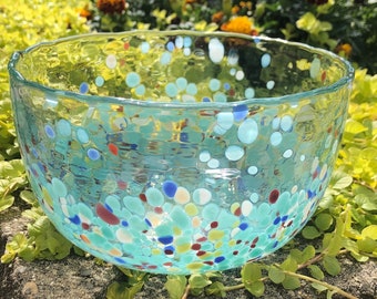 Vintage Glass Art Decor Bowl (Blues & Red Speckled/Splattered Glass)