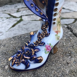 Vintage Limoges viktorianischen Stiefel mit blau & Gold aufgetragene Blumen