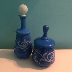 Vintage Blue Opaline Glass Bristol Perfume Bottle & Powder Jar