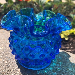 Vintage Fenton Hobnail Blue Glass Candle Bowl