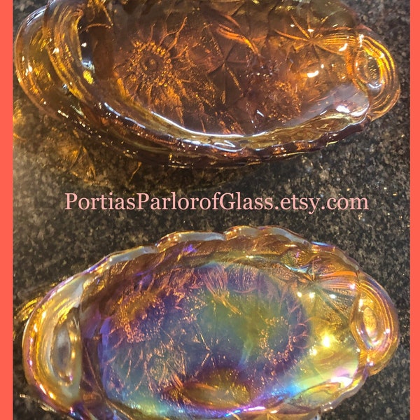 Amber or Marigold Carnival Glass Lily Pons Pickle Dish