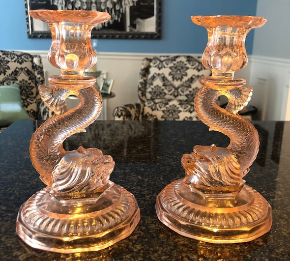 Pink glass 2024 candlestick holders