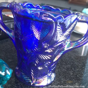1920/30 Cobalt Blue Carnival Glass “Inverted Strawberry” Celery Vase image 2