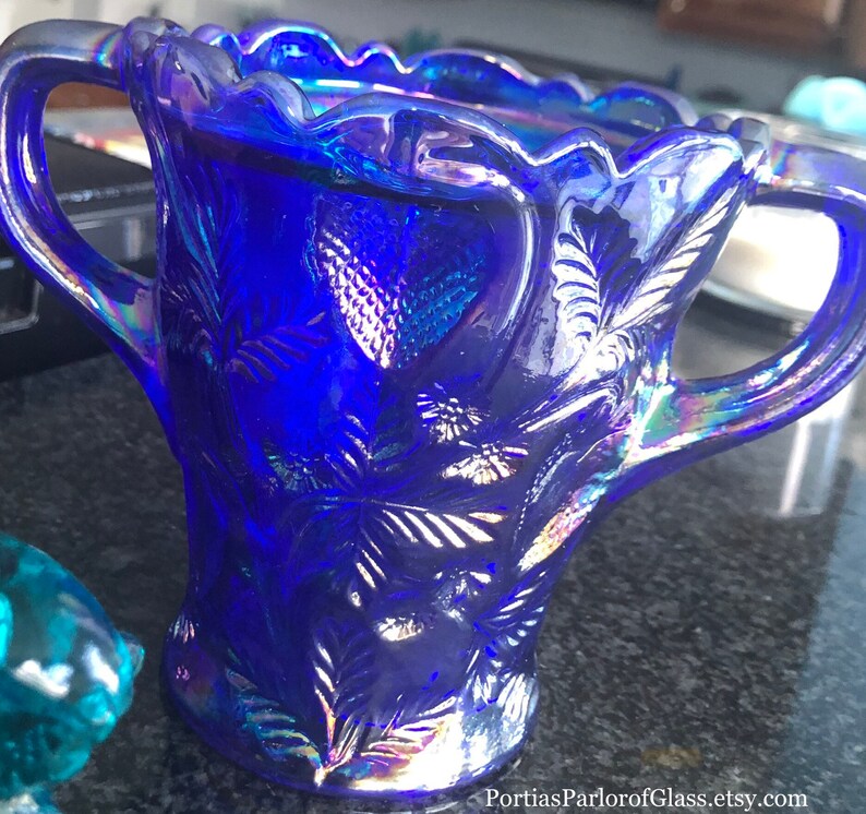 1920/30 Cobalt Blue Carnival Glass “Inverted Strawberry” Celery Vase image 2
