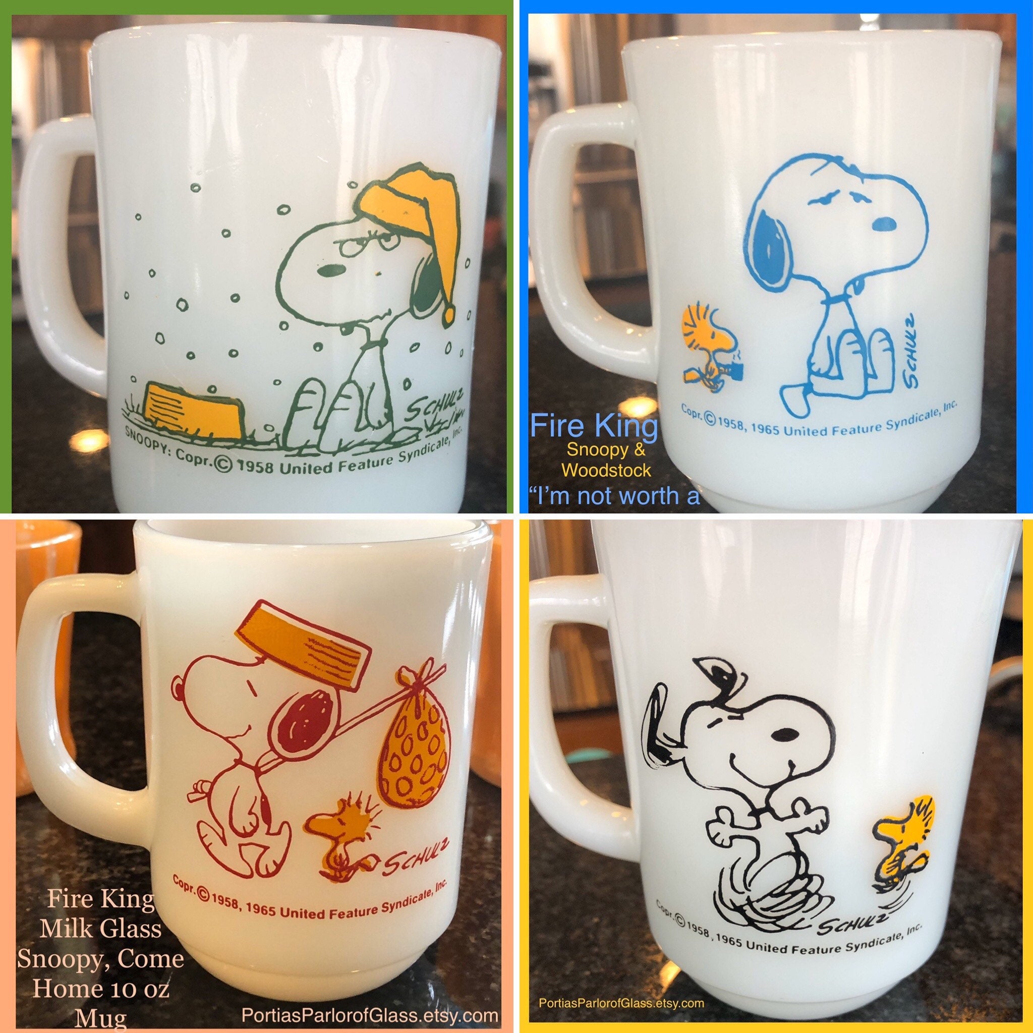 Kitchen & Dining Vintage Fire King Milk Glass Snoopy Mugs Home & Living