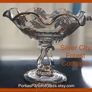 Silver City “Forest” Glass Ruffled Compote with Silver Leaves & Silver Edges