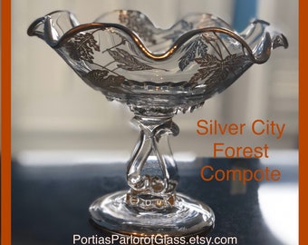 Silver City “Forest” Glass Ruffled Compote with Silver Leaves & Silver Edges