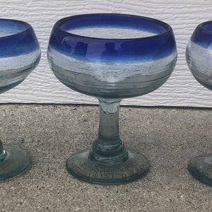 Three Handblown Two-Toned Blue Glass Champagne/Coupe Glasses