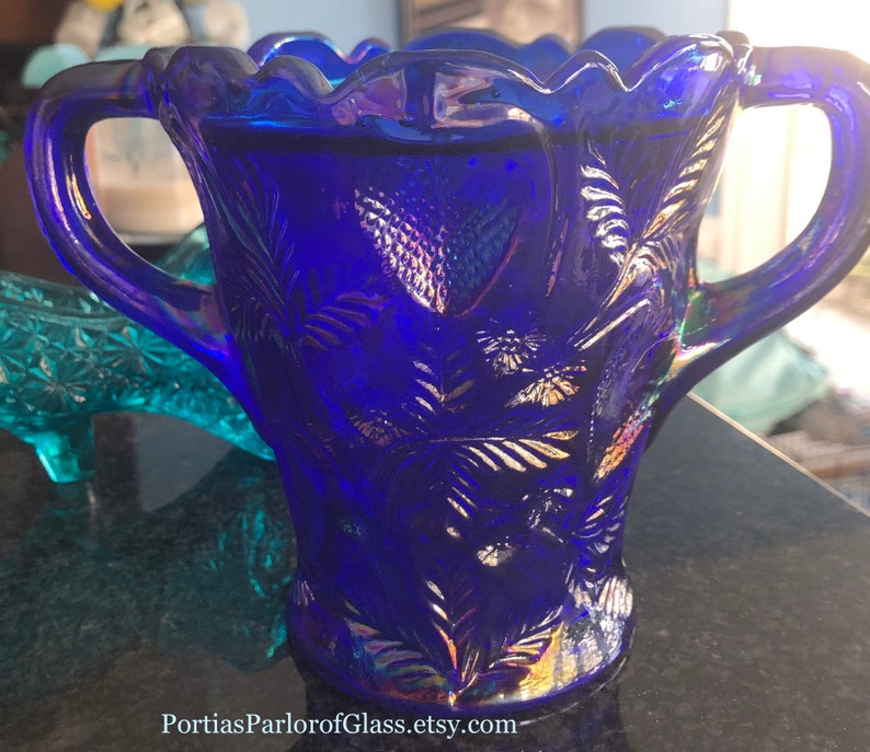 1920/30 Cobalt Blue Carnival Glass “Inverted Strawberry” Celery Vase image 3