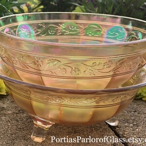Floral & Optic Marigold Carnival Glass Three (3) Footed Bowls
