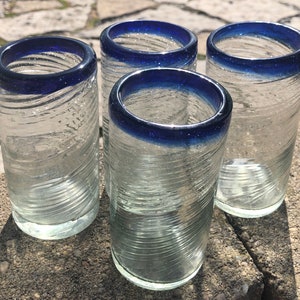 Set of 4 Handblown Clear Glass (Blue Rim) Tumblers