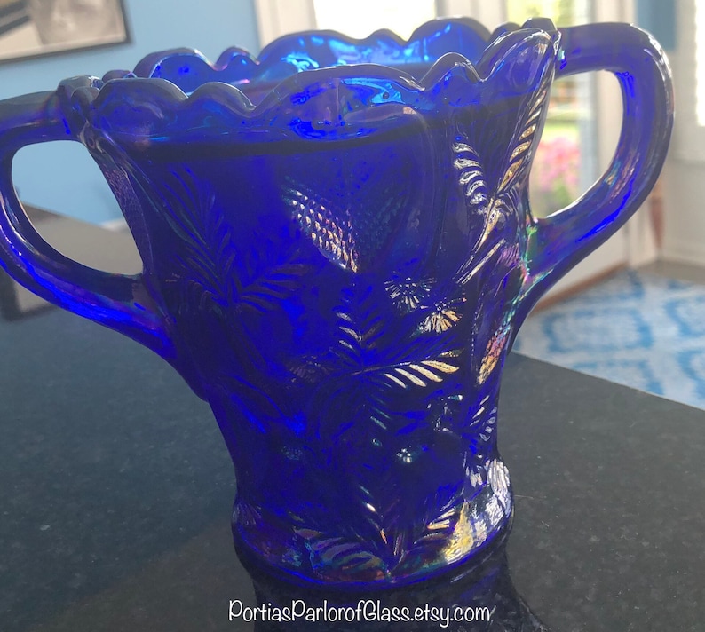 1920/30 Cobalt Blue Carnival Glass “Inverted Strawberry” Celery Vase image 4