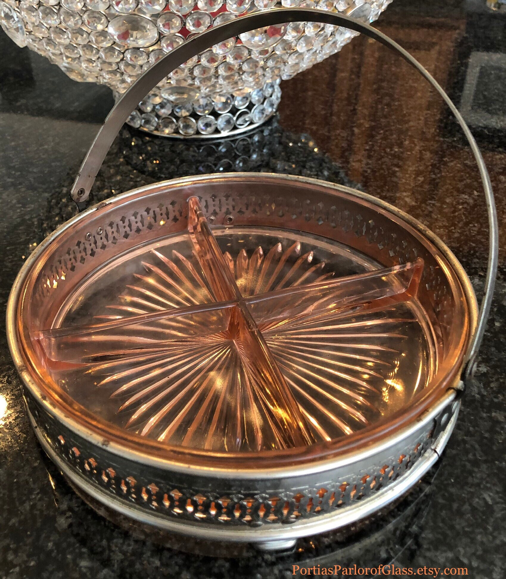 Pink Depression Glass Divided Tray & Metal Basket Holder Etsy