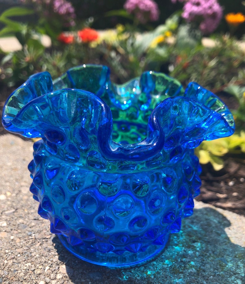 Vintage Fenton Hobnail Blue Glass Candle Bowl Etsy