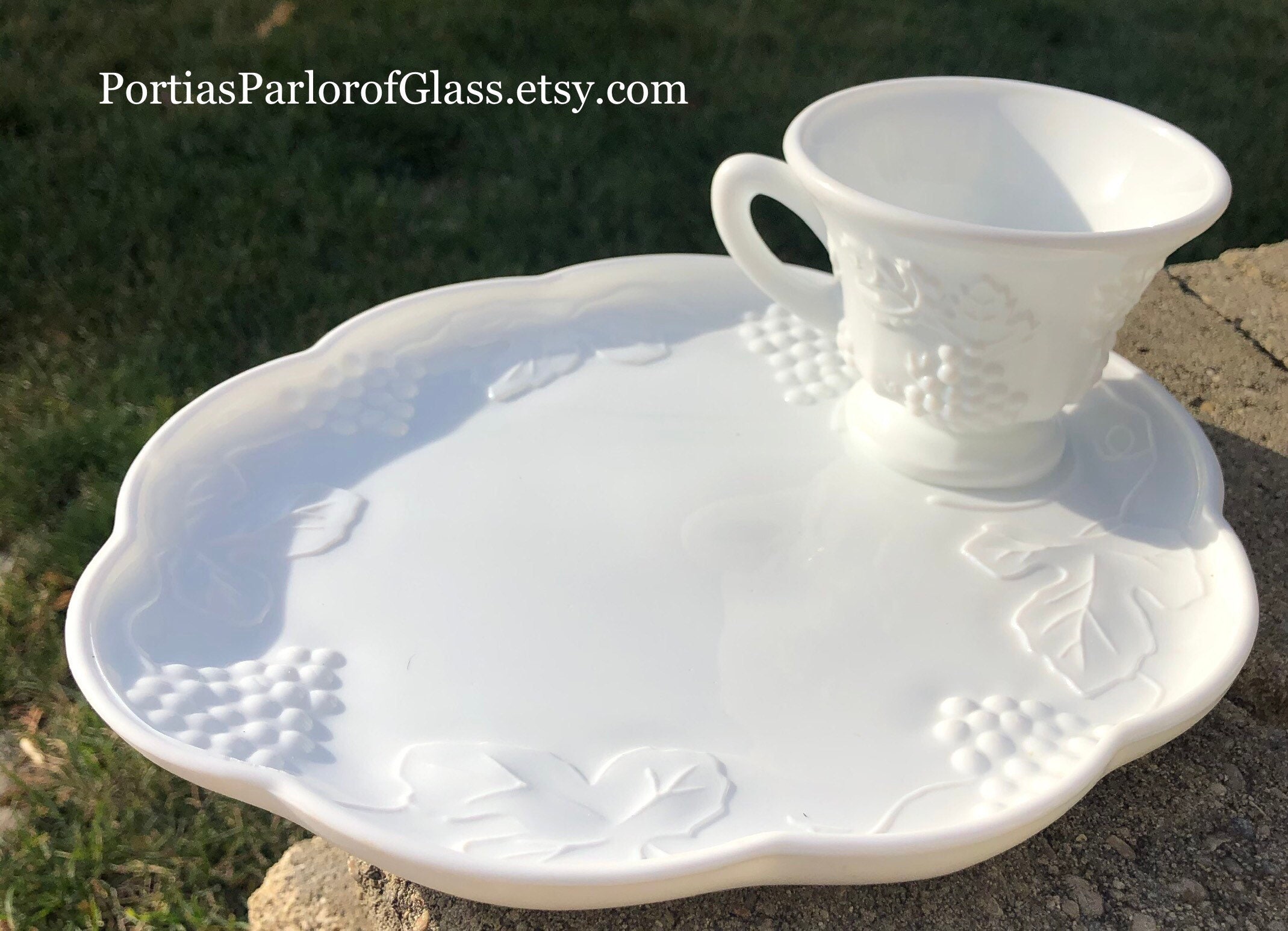 1960s “harvest Grape” Milk Glass Snack Set - Etsy