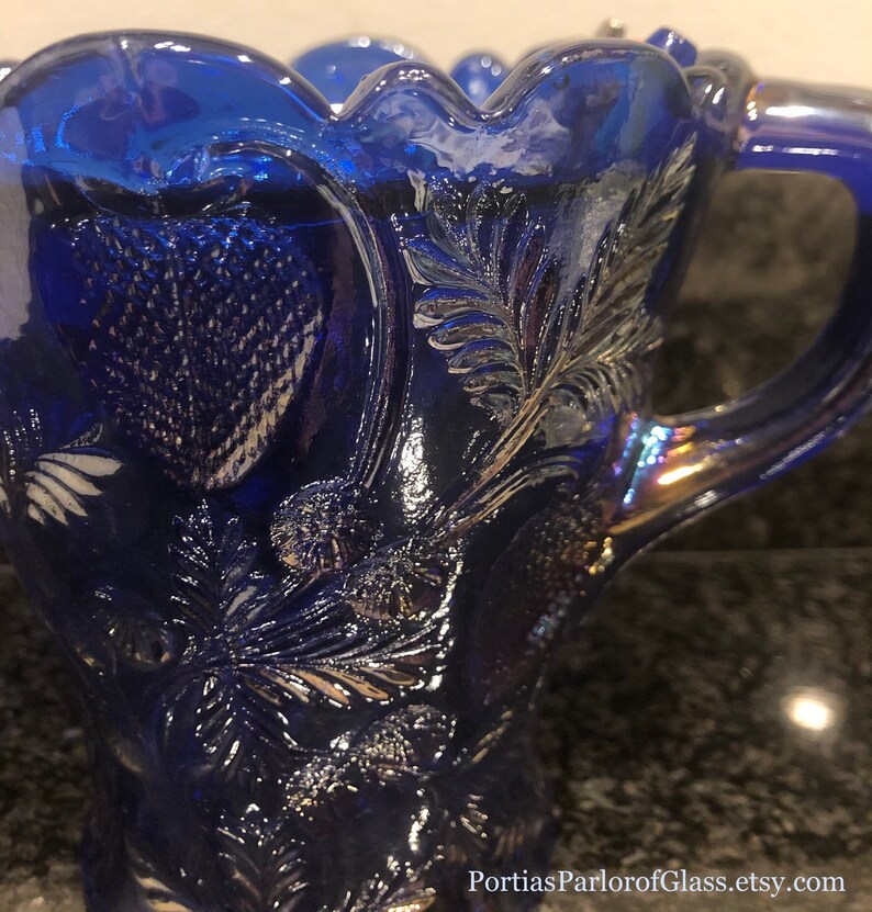 1920/30 Cobalt Blue Carnival Glass “Inverted Strawberry” Celery Vase image 5