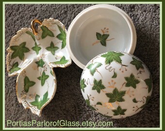 Gold Gilded White Leaf Shaped Nappy or Circular China Box with Painted Green Leaves