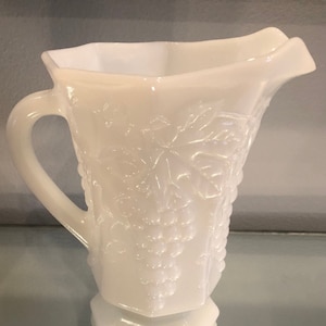 Vintage Harvest Grape 6 1/2” Milk Glass Pitcher (16 ounce capacity)