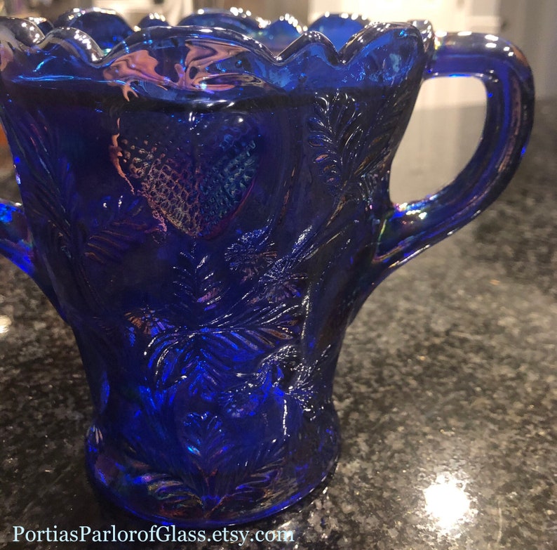 1920/30 Cobalt Blue Carnival Glass “Inverted Strawberry” Celery Vase image 7