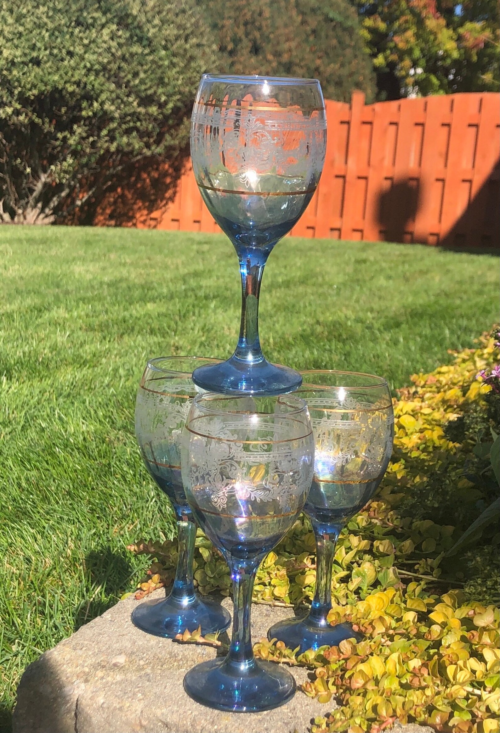 Four Vintage Blue Iridescent Wine Glasses With Gold & White Etsy